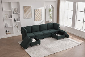 English Elm UNITED Modular 6-Seat Sectional Sofa with Removable Ottoman, Storage Compartments, Convertible Comfort Emerald W1568S00244