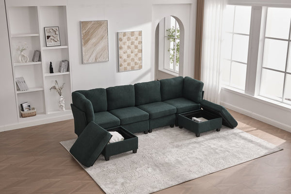 English Elm UNITED Modular 6-Seat Sectional Sofa with Removable Ottoman, Storage Compartments, Convertible Comfort Emerald W1568S00244