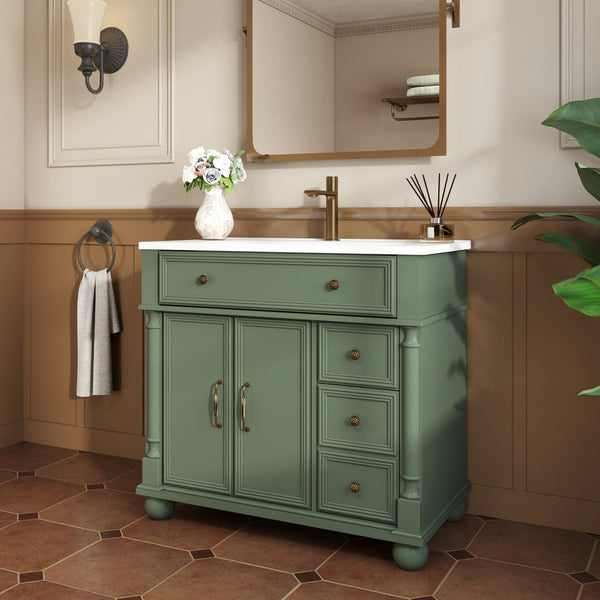 English Elm 35.6" Freestanding Bathroom Vanity with Roman Column Base and Ceramic Integrated Sink W1801S00008