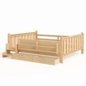 English Elm Queen Bunk Bed with Trundle Solid Pine Kids Car Themed Frame Built-in Bookshelf Light Natural W1580S00544