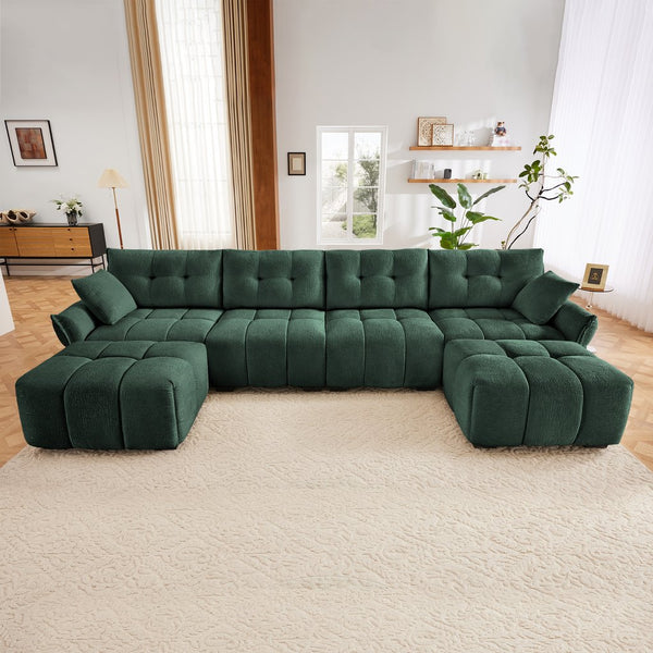 English Elm 4-Seater modular chenille sofa set with ottomans, tufted design, high-resilience cushions, durable wood frame Green W714S01166