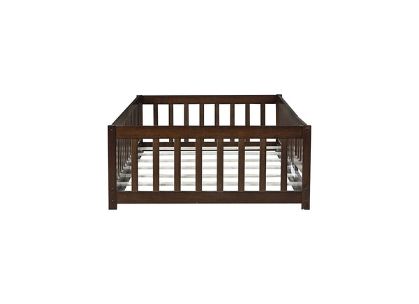 English Elm Twin Solid Rubberwood Floor Bed with Full Perimeter Safety Rails for Toddler Rooms Espresso W504P296781
