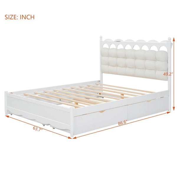 English Elm Queen Size Wooden Storage Platform Bed With Trundle, Usb Ports, And Spacious Drawers In White N820S00038K-GIGA