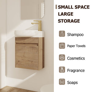 English Elm Soft Close Wall Mounted Bathroom Vanity with Ceramic Vessel Sink and Storage Rack W999S00488