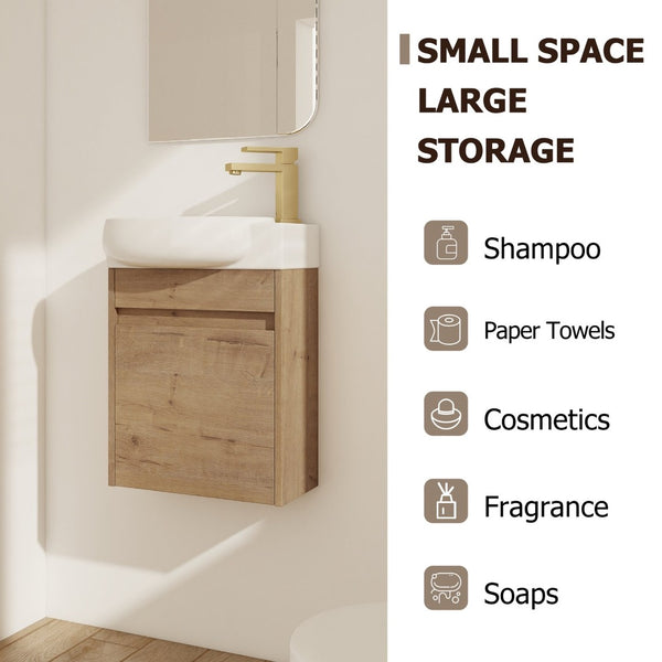 English Elm Soft Close Wall Mounted Bathroom Vanity with Ceramic Vessel Sink and Storage Rack W999S00488
