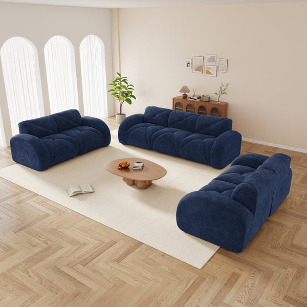 English Elm 3 Piece Velvet Cloud Sofa Set Tufted Plush Living Room Modular Seating Collection Blue W714S01645