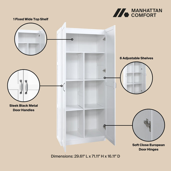 English Elm Cornelia White Storage Cabinet 71" Tall MDF with 7 Adjustable Shelves, Soft-Close Doors & Handles B365P397856