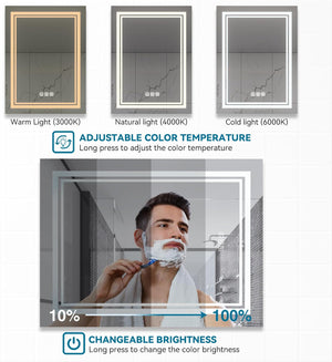 English Elm Bright LED Bathroom Mirror 40"x24" Silver Frame, 3-Color Dimmable, Quick 5-Min Defog, IP65 Rated T3177P284016
