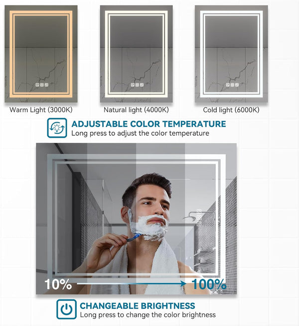 English Elm Bright LED Bathroom Mirror 40"x24" Silver Frame, 3-Color Dimmable, Quick 5-Min Defog, IP65 Rated T3177P284016