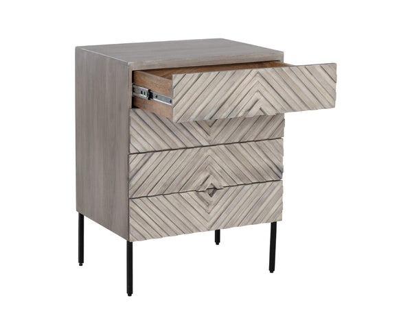 Sunpan NOEMI Nightstand - Handcrafted Grey Mango Wood with Black Steel Base, Exotic Four-Drawer Storage Solution 107342