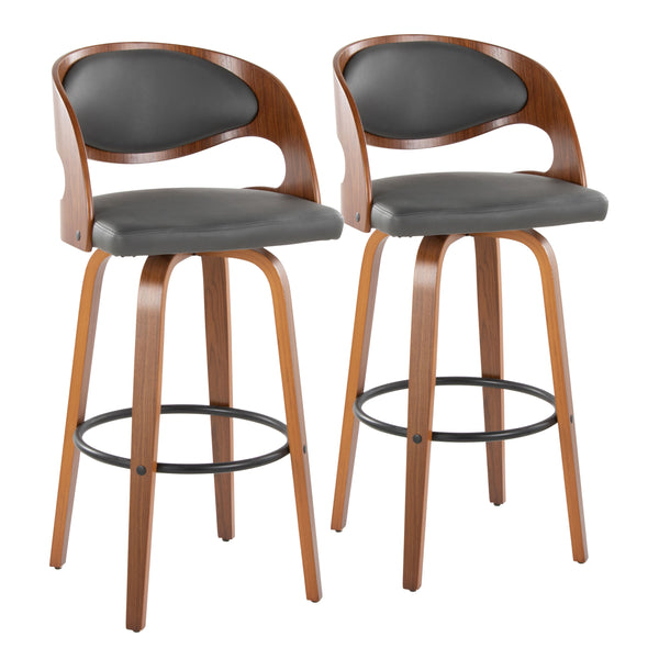 English Elm Pino 30" Mid-Century Barstools Set of 2 — Walnut Bentwood Legs, Grey Faux Leather, 360° Swivel Comfort B202S00634