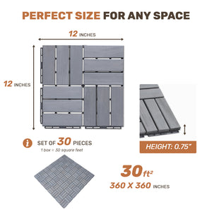 English Elm 30 Interlocking Deck Tiles Checker Pattern 12" x 12" Acacia Hardwood Outdoor Flooring Waterproof, DIY-Friendly, Mold-Resistant Light Gray W2391P288857