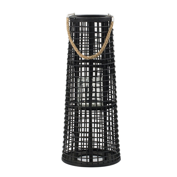 English Elm D10x25" Large Woven Rattan Hurricane Lantern with Glass Insert and Hemp Rope Handle for Stylish Ambient Lighting W2078P370294