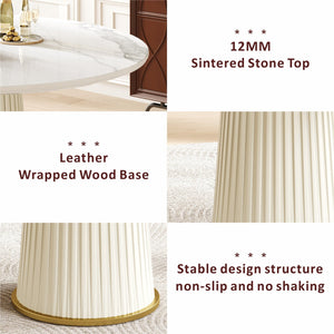 English Elm Modern 35.43 Inch Round Dining Table with Glossy Sintered Stone Top, Pleated PU Leather Iron Pedestal, Adjustable Feet for Stable Elegant White W3456S00055