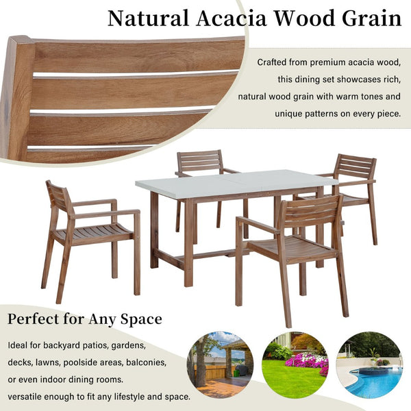 English Elm U_style Solid Acacia Wood Outdoor Dining Set Seats Four with Umbrella Hole Patio Light Brown,Light Gray WY000477AAD