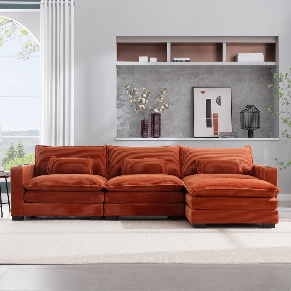 English Elm L Shape Sofa Couch With Usb Charging & Cup Holders – Stylish 3-Seater Corduroy Sectional & Ottoman W2100S00180