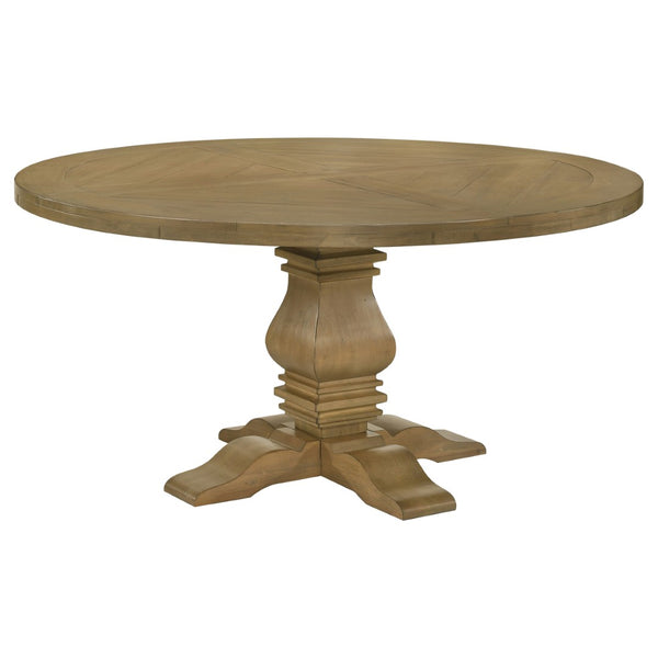 English Elm Rustic Honey Pine Pedestal Round Dining Set Seats Four with Nailhead Chair Trim B062S01830