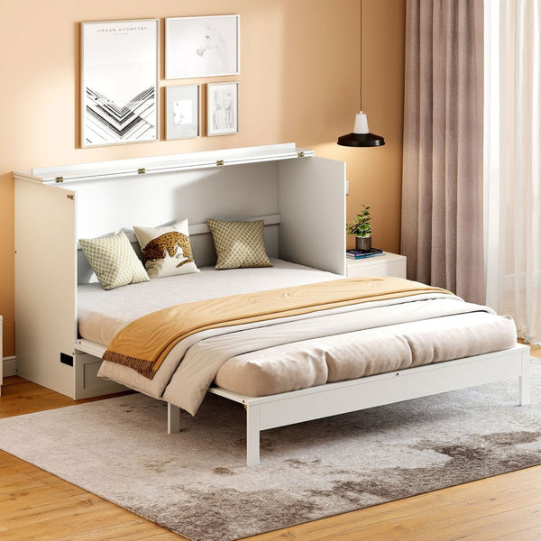 English Elm Queen Murphy Wall Bed with Usb Ports Storage Drawers and Cabinet Style Panel Front White N708S00010K-1