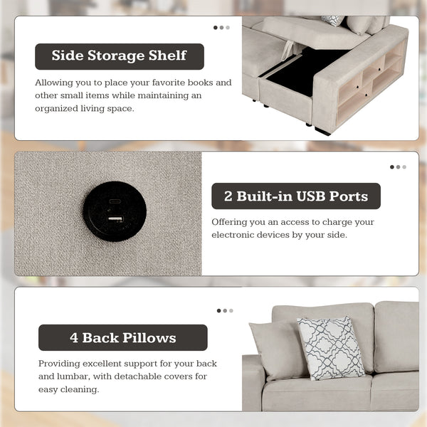 English Elm 109" U-shaped Sectional Sofa Pull-out Bed with Storage Chaise, USB Ports, Pocket Spring Comfort Beige N719S001550A