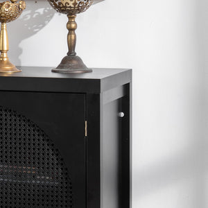 English Elm Modern Storage Sideboard Buffet Cabinet with Black MDF, Rattan Doors, Adjustable Shelves, Sleek Handles W3081P339021