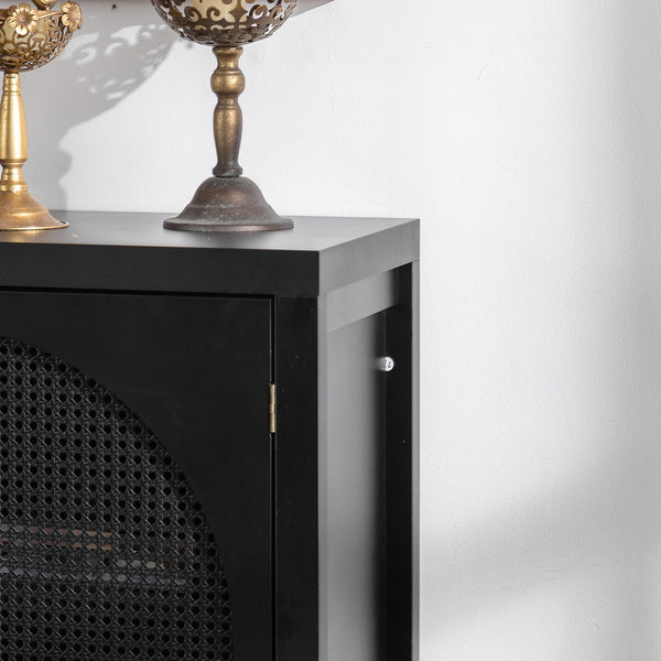 English Elm Modern Storage Sideboard Buffet Cabinet with Black MDF, Rattan Doors, Adjustable Shelves, Sleek Handles W3081P339021