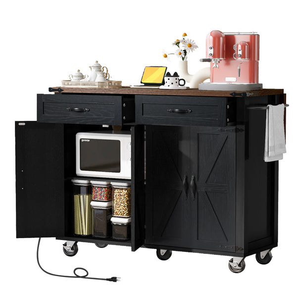 English Elm K&K Farmhouse Kitchen Island Cart 53.5" with Drop Leaf, Built-In Power Station, Ample Storage & Wheels Black N707P170348B