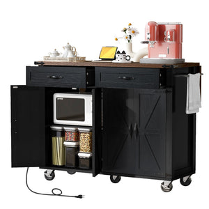 English Elm K&k Farmhouse Rolling Kitchen Island with Drop Leaf Power Outlets and Storage Cabinet Black N707S170348B