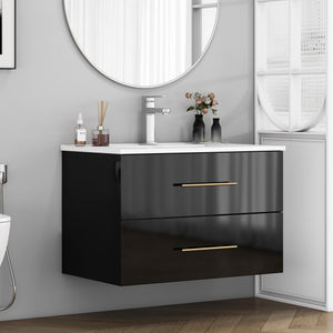 English Elm 30-Inch Sleek Black Gloss Wall-Mounted Bathroom Vanity With Integrated Sink & Easy Installation Options W3151S00054