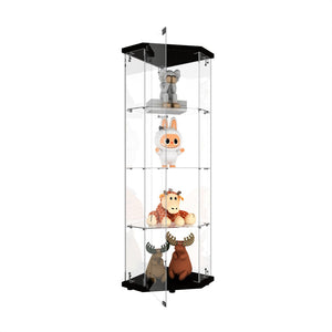 English Elm Glass Pentagon Curio Cabinet Frameless Tempered Shelves Matte Black Living Room Display W1806P476368