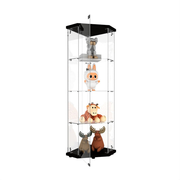 English Elm Glass Pentagon Curio Cabinet Frameless Tempered Shelves Matte Black Living Room Display W1806P476368
