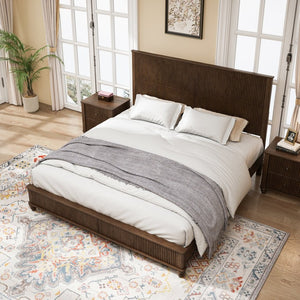 English Elm Solid Rubberwood Queen Platform Bed Tall Headboard Natural Grain No Box Spring W1716S00017