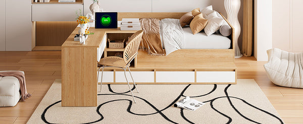 English Elm Full Size Wooden Platform Bed With 6 Drawers, Open Shelves & Dressing Table - Stylish & Functional! N820S00059N