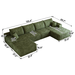 English Elm 135" Cloud Sectional Sofa With Ottoman - Modern U-Shaped Couch In Plush Green Corduroy For Comfort W2824S00128
