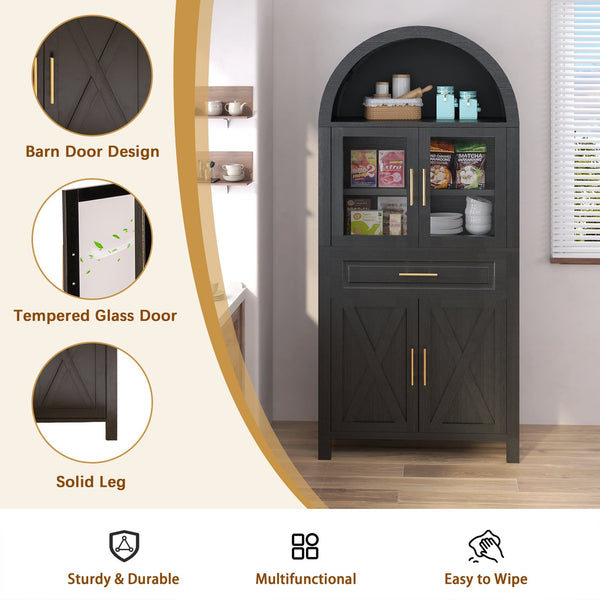 English Elm 71" Tall Arched Pantry Cabinet with Tempered Glass Door, Adjustable Shelves, Anti-Tip Kit & Metal Handles Black W2917P384730