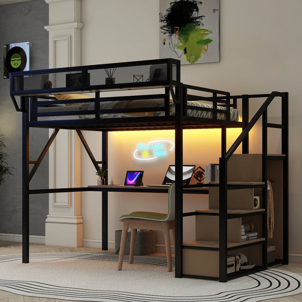 English Elm Full Loft Bed with Desk and Charging Station, Metal Loft with Stairs, Wardrobe, Shelves & Light Black W2580S00047