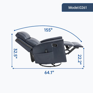 English Elm Blue Genuine Leather Rocker Swivel Recliner with Massage Heat for Living Room W1803P323714