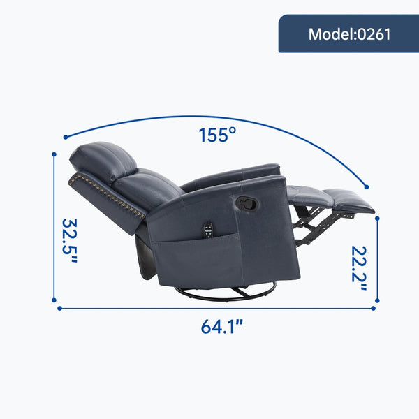 English Elm Blue Genuine Leather Rocker Swivel Recliner with Massage Heat for Living Room W1803P323714