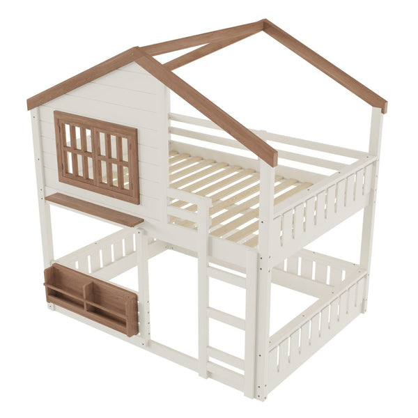 English Elm Full Bunk Bed with Trundle Bookshelf Storage Pine Frame Car Design for Kids Beige W1580S00523