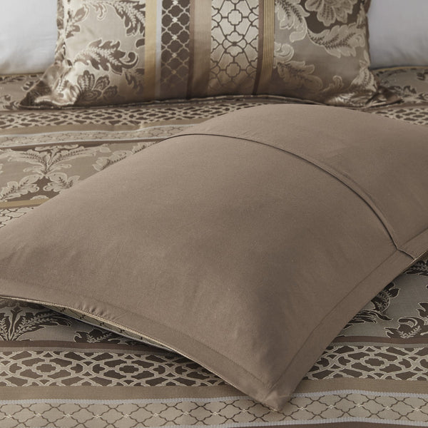 English Elm 7 Piece Jacquard Comforter Set - Luxurious Brown/Gold King Bedding With Decorative Pillows & Shams B03597001