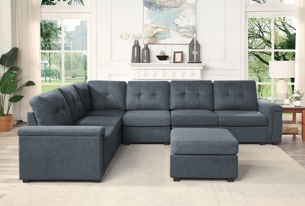 English Elm Isadora Modular 7 Seat Woven Gray Sectional with Tufted Cushions and Included Ottoman B2749S00054