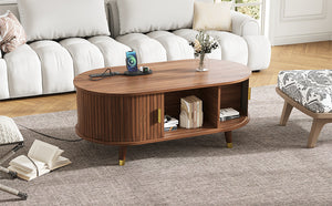 English Elm [Assembly Fluted Tambour Coffee Table with 360° Sliding Door, Built-In Charging Station & Mid-Century Flair Walnut N721P297572D