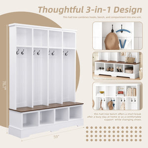 English Elm Farmhouse Hall Tree with Triple Arch Back Panel Eight Hooks Drawers and Entryway Bench White N721S000075K