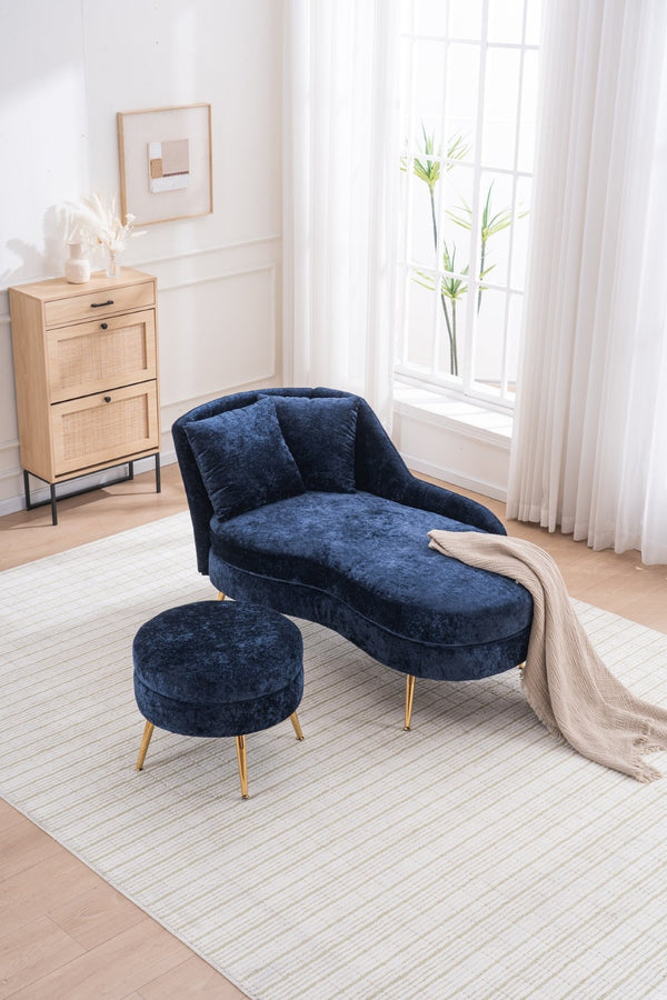 English Elm 58'' Chenille Chaise Lounge with Footstool Pocket Spring Comfort for Bedroom Living Room Blue W2363S00090
