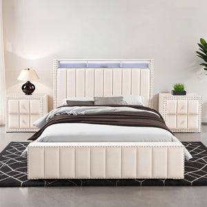 English Elm Beige Fabric Upholstered Nightstand with Channel Tufting Nailhead Trim and Crystal Knobs Beige B2741P421104
