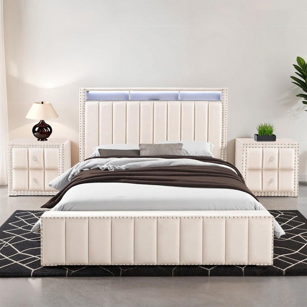 English Elm Contemporary Queen Bedroom Set Channel Tufted Upholstered Bed with Led Headboard Nightstands Beige B2741S00775