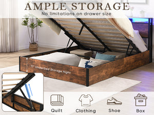 English Elm Lift-Up Storage Bed Frame: Full-Sized Platform Bed With Led Lights, Charging Station & Rustic Brown Finish W1916P184709