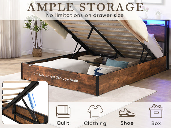 English Elm Lift-Up Storage Bed Frame: Full-Sized Platform Bed With Led Lights, Charging Station & Rustic Brown Finish W1916P184709