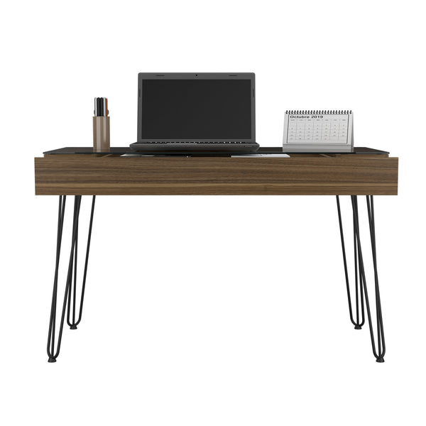 English Elm Kyoto Industrial 120 Writing Desk with Hairpin Metal Legs, Glass Top & Spacious Single Drawer, Brown B128S00166
