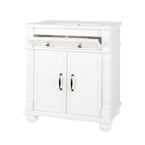 English Elm 27.8" Mid-century Freestanding Bathroom Vanity with Ceramic Sink Drawer and Wood Base White W1801S00006