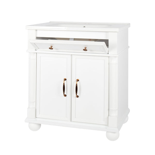 English Elm 27.8" Mid-century Freestanding Bathroom Vanity with Ceramic Sink Drawer and Wood Base White W1801S00006